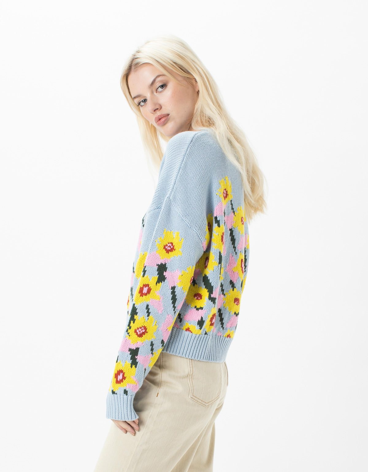 Floral Crew Knit Baby Blue