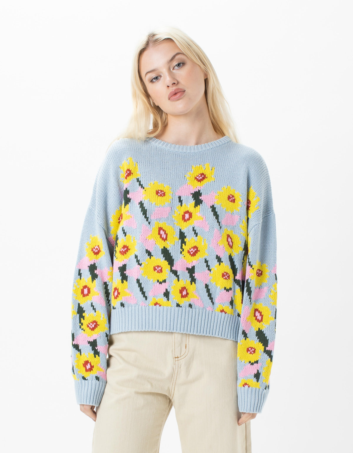 Floral Crew Knit Baby Blue