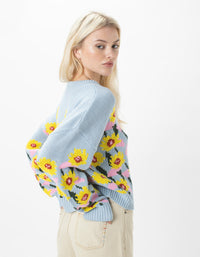 Floral Crew Knit Baby Blue