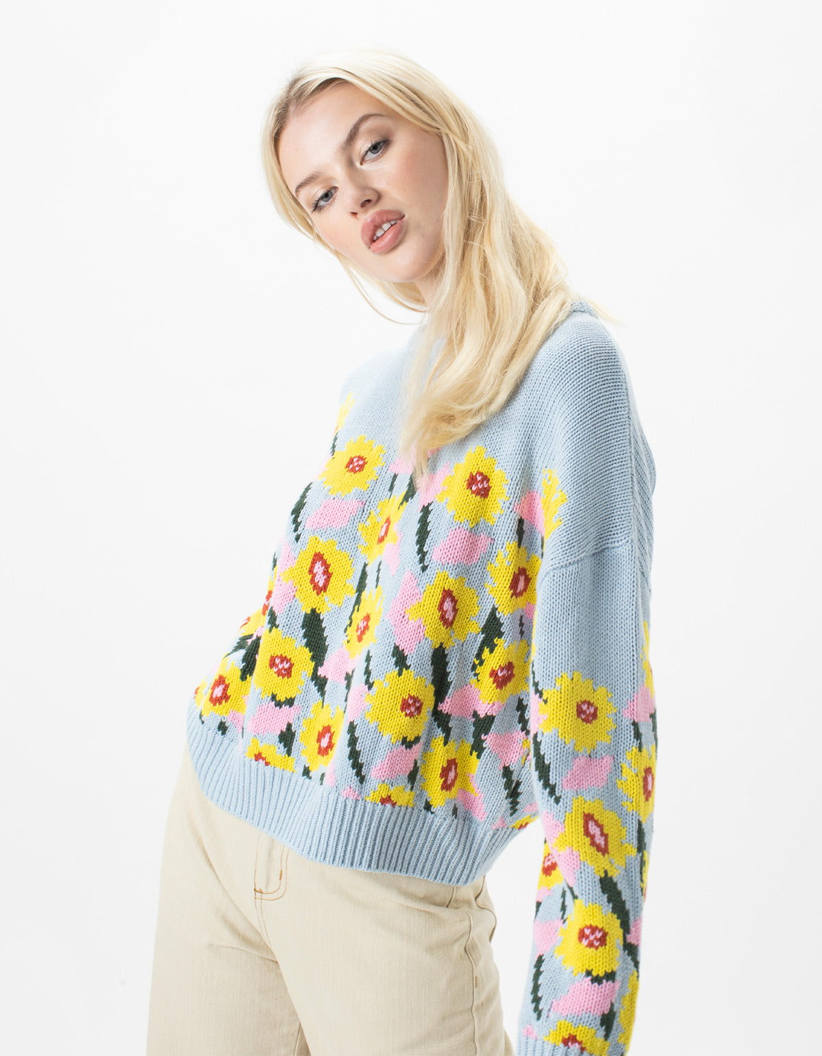 Floral Crew Knit Baby Blue